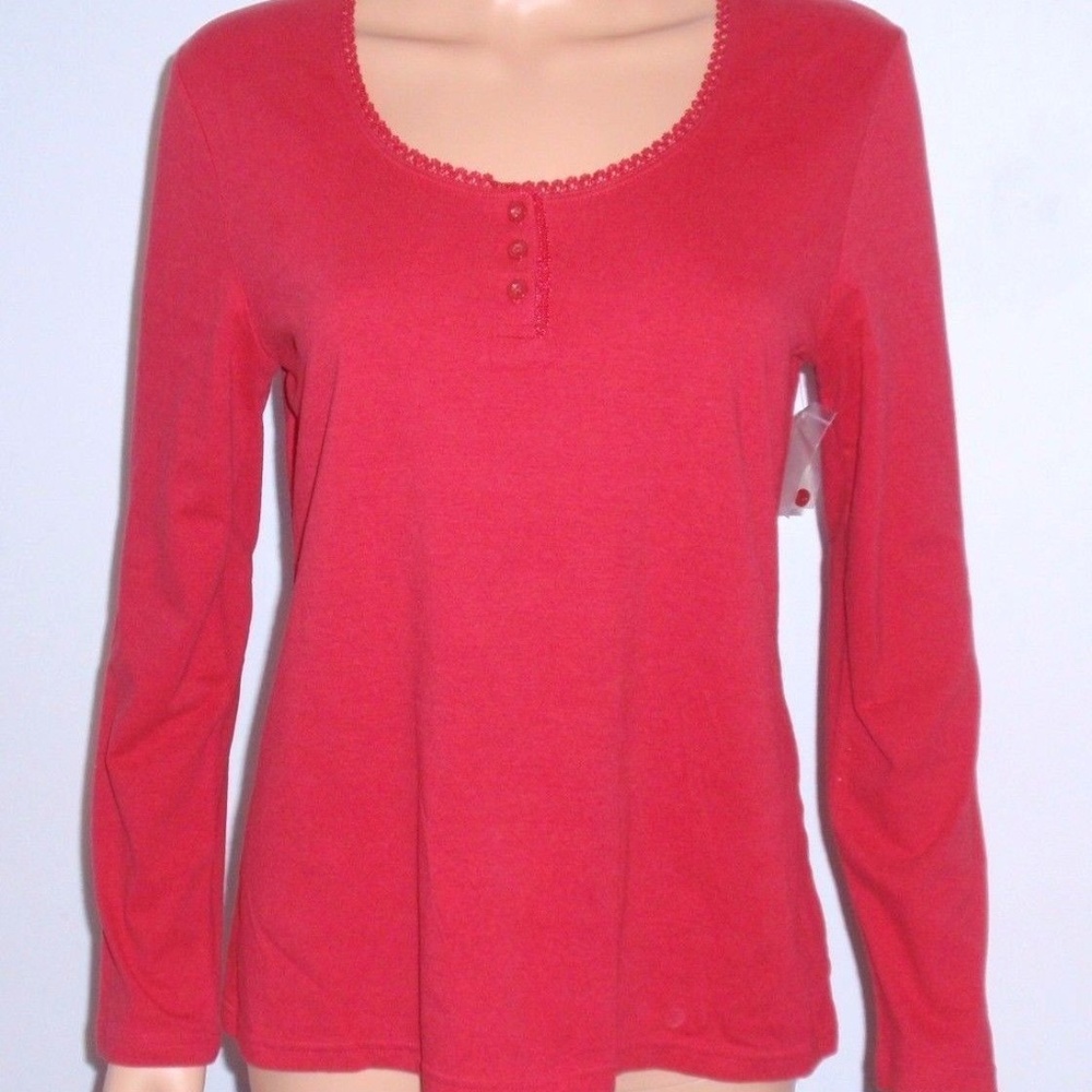 Adonna Pullover Henley Shirt Embroidered Neck Trim